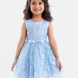 Babyhug Sleeveless Embroidered Party Frock with Bow - Blue-image-23