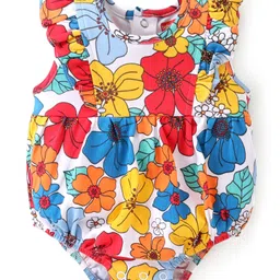 Babyhug 100% Cotton Knit Frill Sleeves Onesies Floral Print - Blue White & Red-picture-18