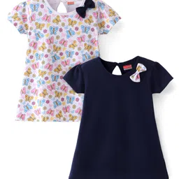 Babyhug Single Jersey Knit Half Sleeves Frocks With Butterfly Print & Bow Applique Pack of 2- White & Navy Blue-picture-17