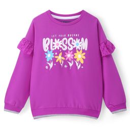 Pine Kids Cotton Knit Full Sleeves Drop Shoulder Sweatshirt with Floral Print & Frill Detailing - Purple-picture-32