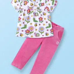 Babyhug Cotton Knit Half Sleeves Peter Pan Collared Floral Printed Top & Corduroy Pants Set - White & Pink-picture-35