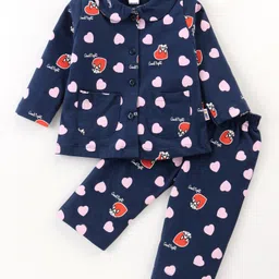 Teddy Sinker Knit Full Sleeves Shirt Style Night Suit with Hearts Print - Navy Blue-picture-27