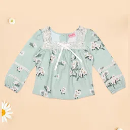 Cutecumber Full Sleeves Floral Printed Top - Green-image-4