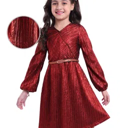 Hola Bonita Party Wear Full Sleeve Crush Shimmer Dress - Red-image-14