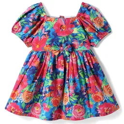 Babyhug Cotton Knit Half Sleeves Frock With Floral Print - Multicolor image 1