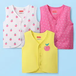 Babyhug 100% Cotton Cambric Woven Front Open Sleeveless Jhabla with Fruit Print Pack of 3 - Yellow Pink & White-picture-23