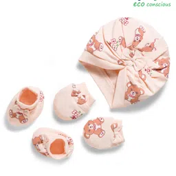 Babyoye 100% Cotton Knit With Eco Jiva Finish Cap Mittens & Booties With Teddy Bear Print Peach - Diameter 18 cm-picture-11