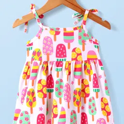Babyhug Cotton Knit Singlet Sleeves Frock With Ice Cream Print - White image 2
