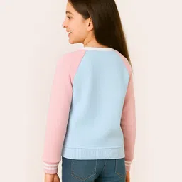Bubble Berry Knit Full Sleeves Colour Blocked & Heart Glitter Patch Detailed Oversized Winter Sweatshirt - Blue & Pink image 3