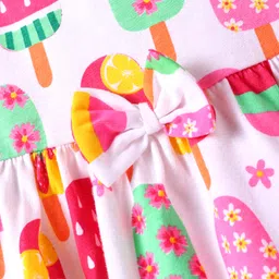 Babyhug Cotton Knit Singlet Sleeves Frock With Ice Cream Print - White image 3