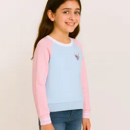 Bubble Berry Knit Full Sleeves Colour Blocked & Heart Glitter Patch Detailed Oversized Winter Sweatshirt - Blue & Pink image 4