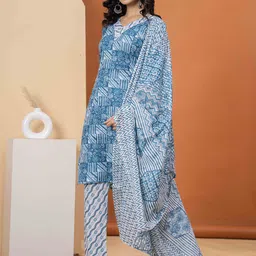 HERE&NOW Women Floral Printed Cotton Kurta with Pyjama & Dupatta-picture-23