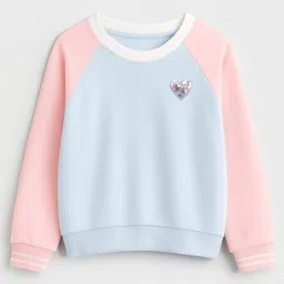 Bubble Berry Knit Full Sleeves Colour Blocked & Heart Glitter Patch Detailed Oversized Winter Sweatshirt - Blue & Pink image 5