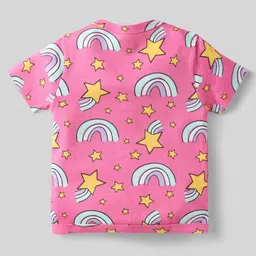 Babyhug 100% Cotton Interlock Knit Front Open Half Sleeves Vests With Star & Rainbow Print Pack Of 3 - Pink Light Blue & Yellow image 5