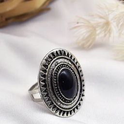 Teejh Ethnic Naarah Black Stone Silver Oxidized Rings for Women-picture-48