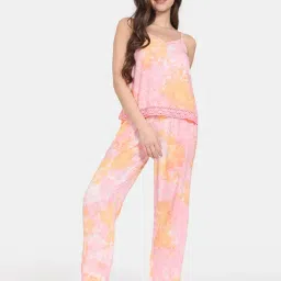 Zivame Pink & Orange Printed Top With Lounge Pants-image-50