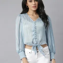 KASSUALLY Blue Striped Crop Top-image-9