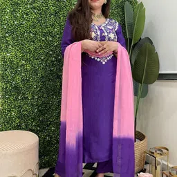 GoSriKi Floral Embroidered Sequinned Straight Kurta With Trousers & Dupatta-picture-30