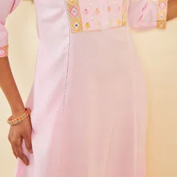 Soch Pink Cotton Embroidered A-Line Dress Kurta with Pocket image 4