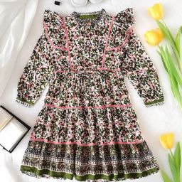 Bella Moda Girls Black Cotton Three Fourth Sleeves Floral Printed Dress-picture-35