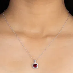 Ornate Jewels 92.5 Sterling Silver Cushion Cut Red Ruby American Diamond Halo Pendant with Chain image 2