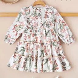 Bella Moda Girls Multicolor Cotton Three Fourth Balloon Sleeves Floral Printed Dress-picture-23