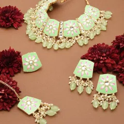 Zaveri Pearls Green & Pink Meenakari Kundan Necklace, Earring, Maangtikka & Ring Set-ZPFK12131 image 4