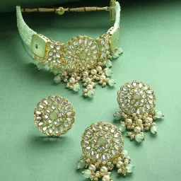 Zaveri Pearls Green Multistrand Beaded Kundan Choker Necklace Earring & Ring Set-ZPFK15193 image 4