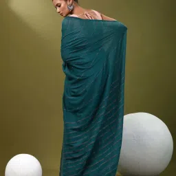 CHARUKRITI Blue Cotton Colourblocked Saree With Unstitched Blouse image 2