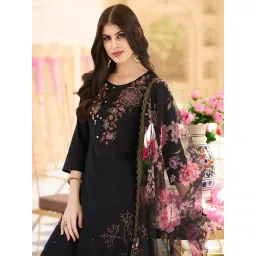 Indo Era Black Embroidered Kurta With Pant & Dupatta image 4