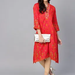 Biba Women Red & Orange Printed A-Line Asymmetric Kurta image 4