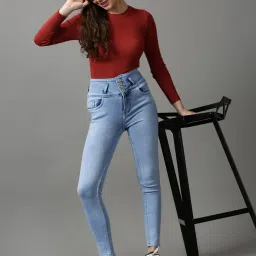 showoffff SHOWOFF Blue Solid High Rise Jeans image 4