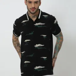 Mufti Black Slim Fit Floral Print Cotton Polo T-Shirt-picture-13