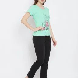 Clovia Green & Black Graphic Print Top & Pyjama Set image 3