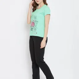 Clovia Green & Black Graphic Print Top & Pyjama Set image 4