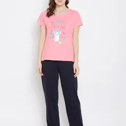Clovia Pink & Navy Graphic Print Top & Pyjama Set image 1