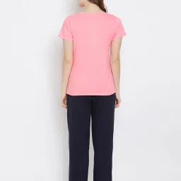 Clovia Pink & Navy Graphic Print Top & Pyjama Set image 2