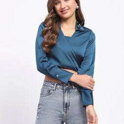 MADAME Teal Embellished Crop Top-picture-9