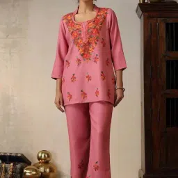 House of Chikankari Pink HOC Crafts Woollen Aari Embroidered Solid Women's 2 PC Short Kurta Set image 1