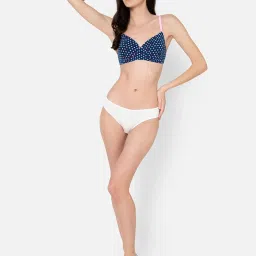 Clovia Blue Cotton Polka Dot Full Coverage T-Shirt Bra image 4
