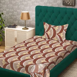 KLOTTHE Brown & Beige Floral 300 TC Single Bedsheet with 1 Pillow Covers-picture-22