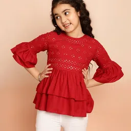 ISHTI Frill Sleeves & Sequin Embellished Top - Maroon-picture-17