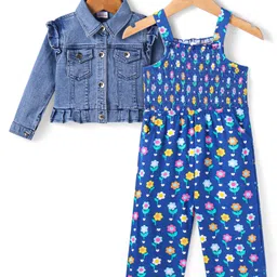 Babyhug Single Jersey Knit Smocking Detailed Floral Printed Jumpsuit With Full Sleeves Denim Jacket - Blue-picture-32