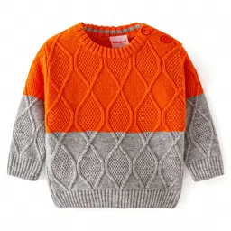 Babyhug Knitted Full Sleeves Pullover Sweater with Colour Block & Cable Knit Design -  Grey & Orange-picture-21