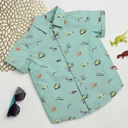 Milou Cotton Half Sleeves Sports Theme Printed Bio Washed Shirt - Green-picture-12