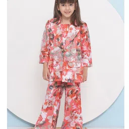 AJ Dezines Cotton Full Sleeves Floral Printed Coordinating Jacket & Pant With Inner Top Set - Orange-picture-16