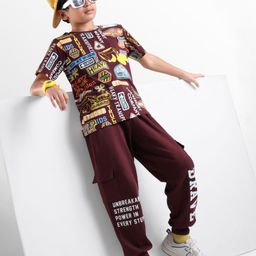 OLLINGTON ST. Sinker Knit With Heavy Transport Text Print Half Sleeves T-Shirt & Cargo Joggers -Maroon-picture-39