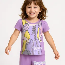 Babyhug Disney Single Jersey Knit Half Sleeves Shorts Night Suit With Rapunzel Graphics - Lavender-picture-28
