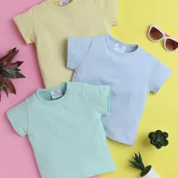 Knitting Doodles Pure Cotton Pack Of 3 Half Sleeves Solid Tees - Light Blue Sea Green & Lemon-picture-29