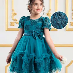 Mark & Mia Cotton Woven Half Sleeves Frock with Floral Embroidery & Pearls - Teal Blue-picture-16